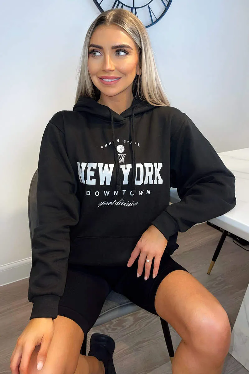 Black New York Slogan Hoodie