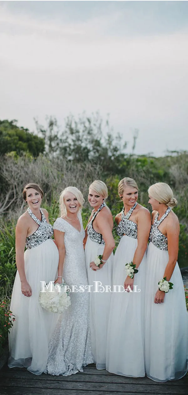Halter White Chiffon Sliver Beaded A-line Cheap Bridesmaid Dresses, BDS0102