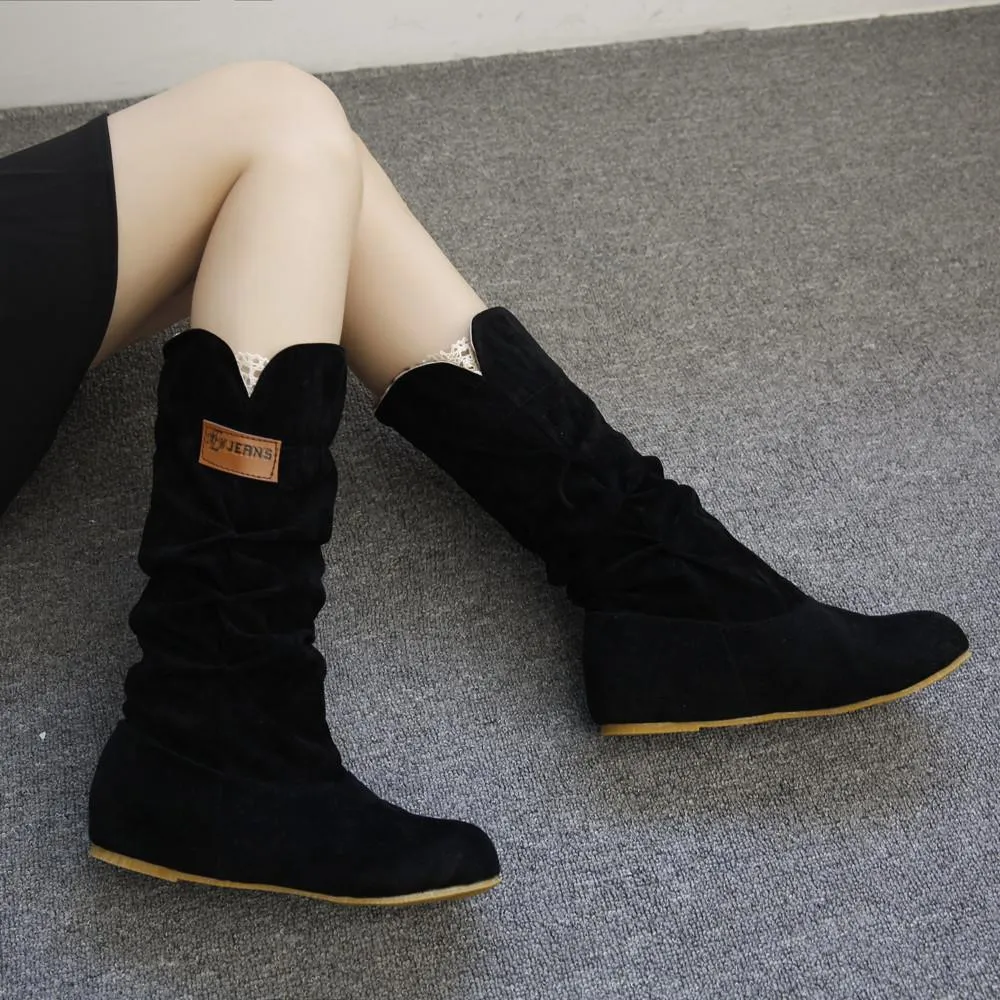 Mid Calf Boots for Women Flat Heel Winter Warm Shoes