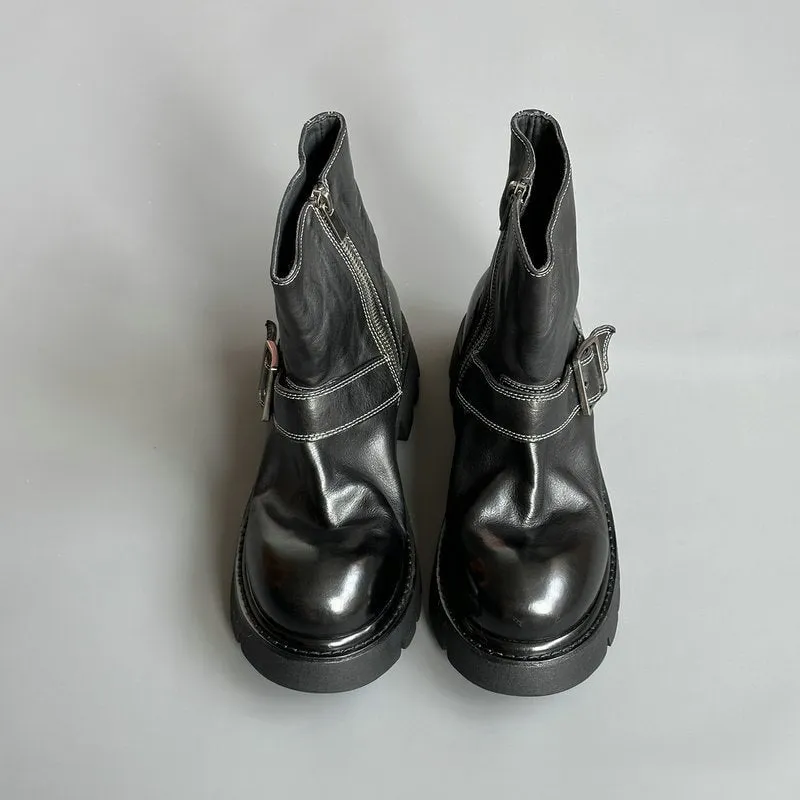 Retro Sheepskin Lace-Up 40mm Platform Heel Ankle Martens Boots Grey/Black/Encore Red