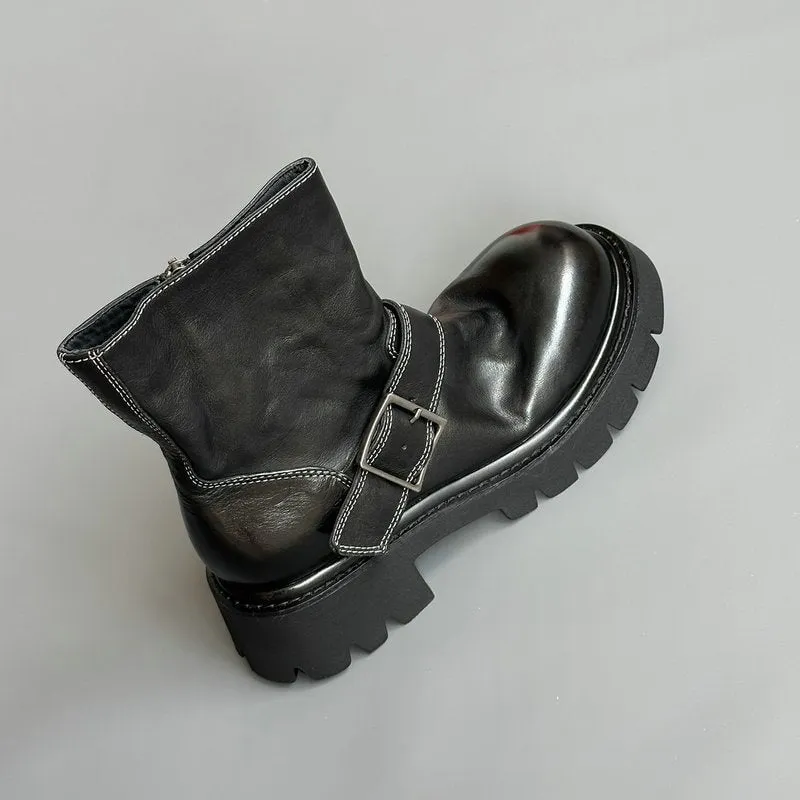 Retro Sheepskin Lace-Up 40mm Platform Heel Ankle Martens Boots Grey/Black/Encore Red