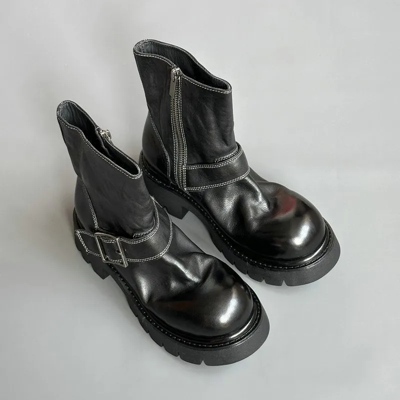 Retro Sheepskin Lace-Up 40mm Platform Heel Ankle Martens Boots Grey/Black/Encore Red