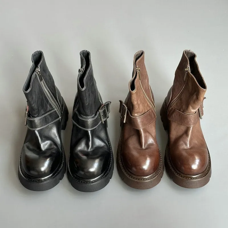 Retro Sheepskin Lace-Up 40mm Platform Heel Ankle Martens Boots Grey/Black/Encore Red